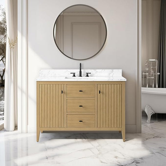 Vanity Art 48 inch Oak Bathroom Vanity with Single Sink & Ceramic Top, Vanity Cabinet with Soft-Closing Door, Solid Wood Frame, Linear Pattern, Natural Oak, VA9148-NO-MB,Matte Black Handles