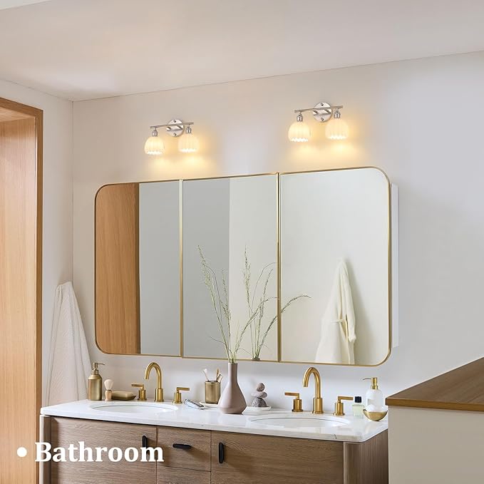 Bathroom Light Fixtures, 2-Light Vanity wall Light Over Mirror with White Tulip Glass Shade for Bedroom Living Room (Bulb Not Included), Satin Nickel