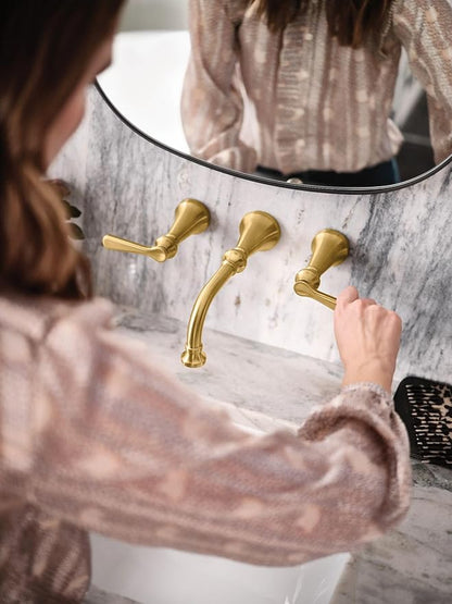 Moen Colinet Brushed Gold Traditional Lever Handle Wall Mount 8" Widespread Bathroom Faucet Trim, Valve Required, TS44104BG