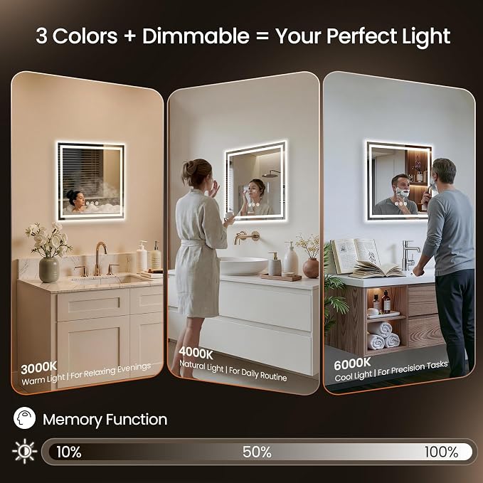24x24 LED Bathroom Mirror with Anti-Fog, Backlit & Front Lit, Memory | Stepless Dimmable 3 Color CRI 95+ Shatterproof Tempered Glass ETL Listed for Safety Lighted Bathroom Vanity Mirror for Wall