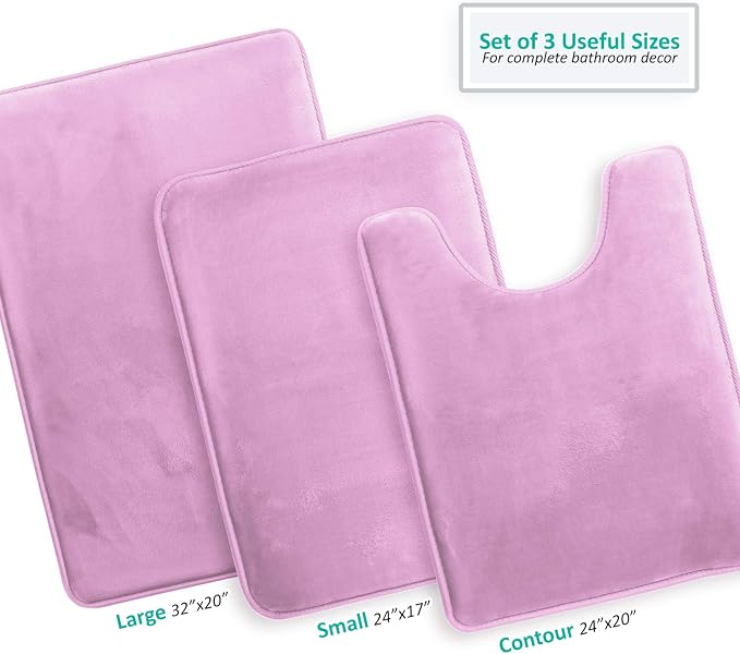 Clara Clark 3 Piece Bathroom Rugs Bath Mat Set, Velvet Memory Foam Bath Mats for Bathroom - Non-Slip, PVC Backing Bath Rugs, Washable - Dries Quickly, Lavender