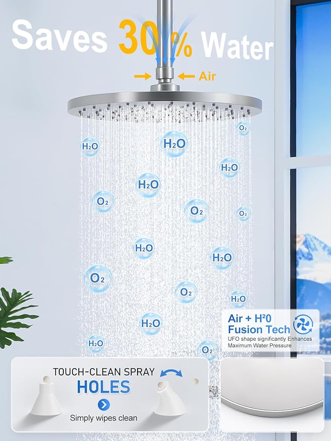 Woindo Shower Faucet Set 10" Rain Shower Head/8'' Side Shower Head and 3 Setting Handheld Ceiling Mount 3 Push Button Diverter Complete Rainfall Round Shower System Included Valve Trim Kit