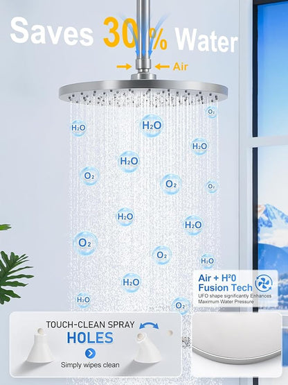 Woindo Shower Faucet Set 10" Rain Shower Head/8'' Side Shower Head and 3 Setting Handheld Ceiling Mount 3 Push Button Diverter Complete Rainfall Round Shower System Included Valve Trim Kit