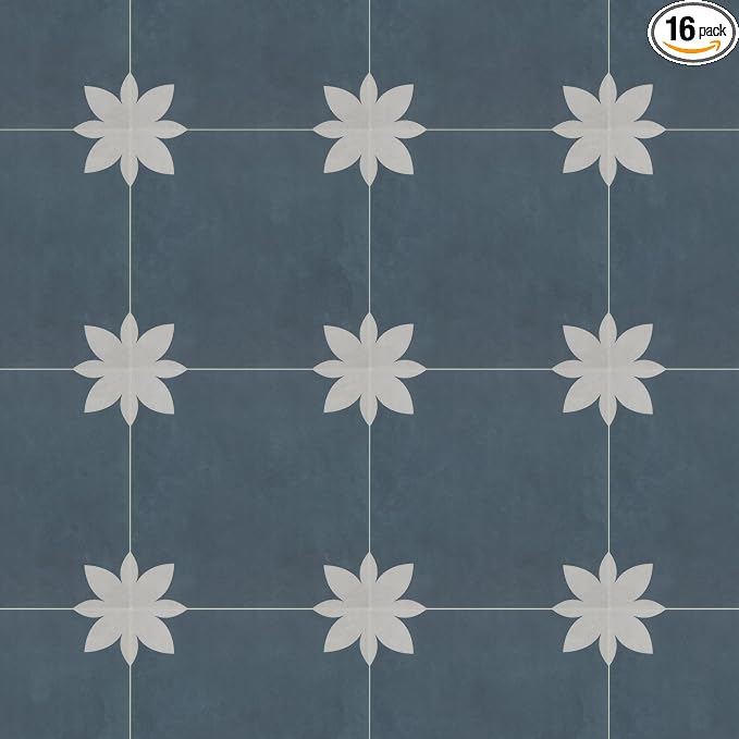 16-Sheet Peel and Stick Floor and Wall Tile for Bathroom Kitchen, 9" x 9" Blue Flower SPC Self-Adhesive Vinyl Flooring Patterned Groutable Backsplash Tile, Covers 9.12 Sq Ft.
