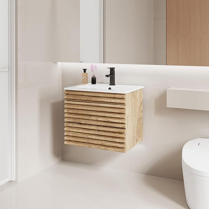 LUCKWIND 24" Floating Bathroom Vanity with Sink, Mid-Century Wall Mounted Big Drawer Cabinet with Ceramic Sink, Water Saving Faucet and Wood Stripes Style, Oak