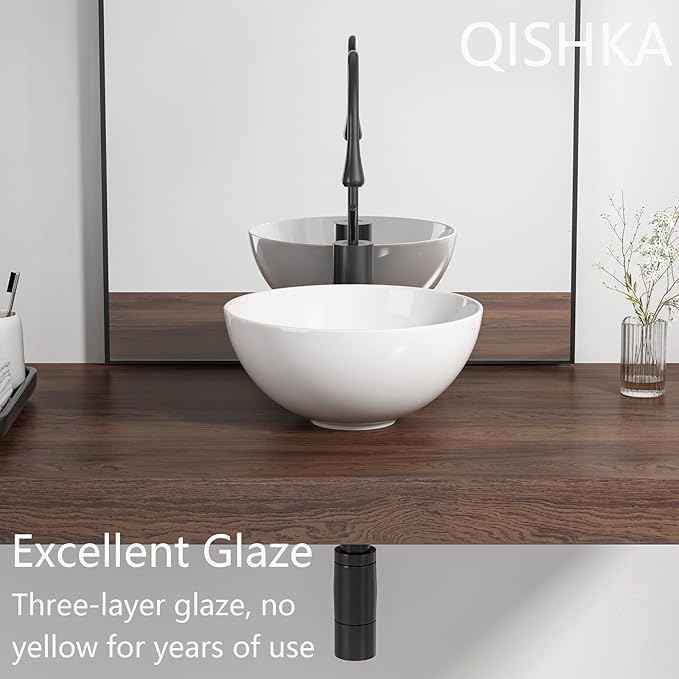 13 Inch Round Bathroom Bowl Sink Above Counter, QISHKA Small White Ceramic Vanity Vessel Sink - 13" x 13" Countertop Circle Art Basin for Space-Saving
