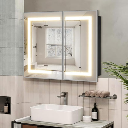 ROOMTEC 36 x 30 Inch Medicine Cabinet Mirror with LED Lights, Silver Bathroom Medicine Cabinet with Mirror and Storage, Recessed or Wall Mount, 3 Color Temperature, Dimmable Light