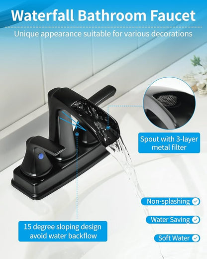 Fapully Matte Black Bathroom Faucet, Waterfall Bathroom Sink Faucet Widespread, 4 Inch Centerset Faucet for Bathroom Sink with Pop-up Drain