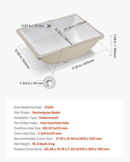 VEVOR Undermount Bathroom Sink, 20.28 x 15.16 Inch Rectangular White Ceramic Vessel Sink with Overflow Hole, Under Counter Drop in Modern Lavatory Vanity Bath Wash Bowl Basin, Rectangle Small Space