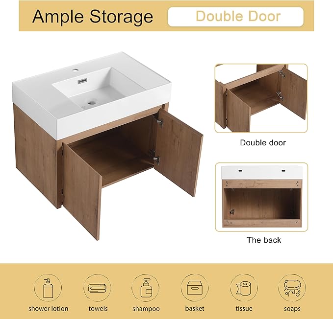 Malwee 30 Inch Floating Bathroom Vanity with Sink, 30'' Single Sink Wall Mounted Bathroom Vanity, with 2 Doors and White Resin Basin Top, Wall Hung Storage Cabinet Set (035-30MA)