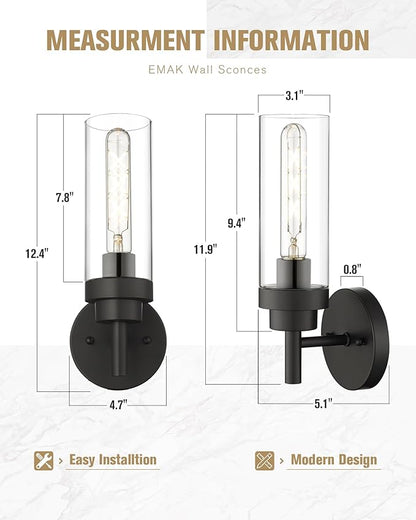 Emak Black Wall Sconces Set of Two, Modern Vanity Lights with Clear Glass Shade, Wall Lights for Bathroom, Bedroom, Living Room, Hallway, WS085-BK-2PK