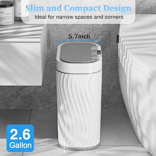 Ogikey Bathroom Small Trash Can with Automatic Touchless Lid, 2.6 Gallon Smart Garbage Can Narrow Waterproof Trash Bin for Bedroom, Office, Living Room