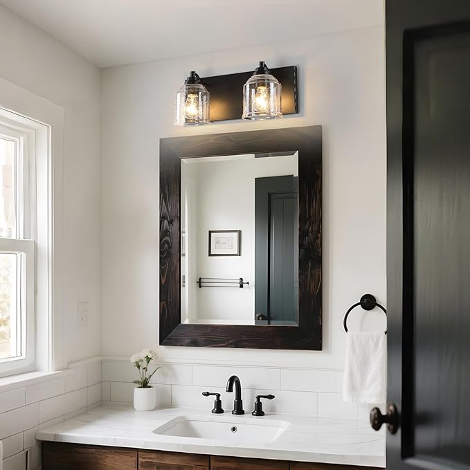 Vanity Lights for Bathroom Large 15.8", Farmhouse Rustic Vanity Light with Bubble Glass Shades, Black 2 Light Bathroom Lighting Fixtures Over Mirror, Bath Wall Sconce Home Decor