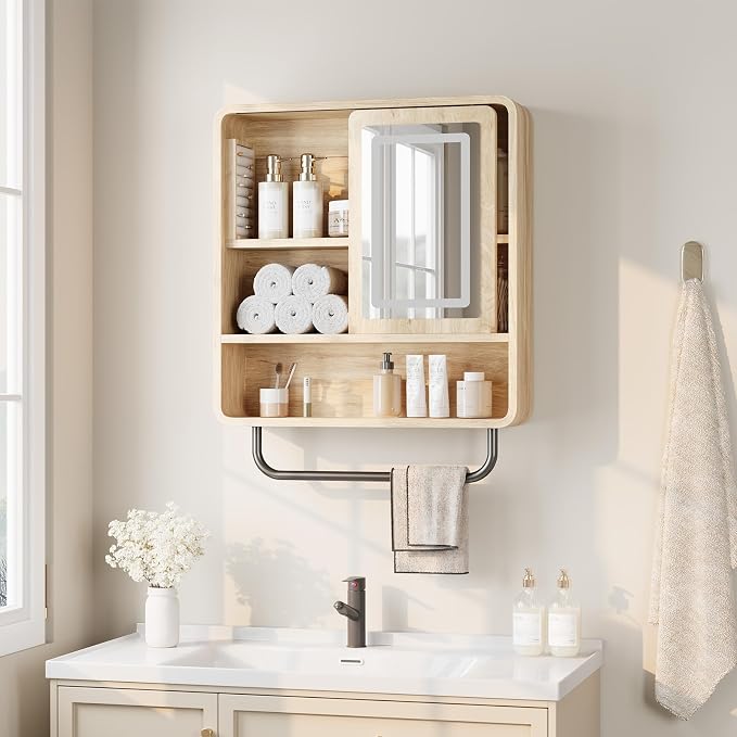Modern Bathroom Wall Cabinet, Medicine Cabinets with Mirror, Over The Toilet Storage Cabinet for Bathroom, Towel Bar, Sliding Door, 3 Lighting Modes, Adjustable Brightness, Natural Oak