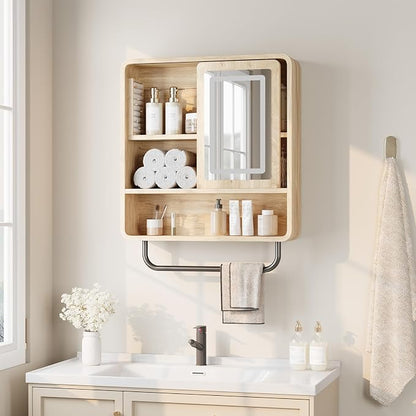 Modern Bathroom Wall Cabinet, Medicine Cabinets with Mirror, Over The Toilet Storage Cabinet for Bathroom, Towel Bar, Sliding Door, 3 Lighting Modes, Adjustable Brightness, Natural Oak