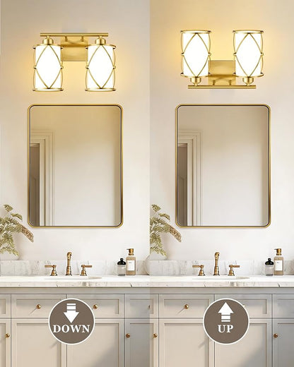 2-Light Brushed Gold Bathroom Light Fixtures with Milk Frosted Glass, 13.8" Modern Bathroom Vanity Lighting Fixtures Over Mirror with Metal Cage, Wall Sconce Lights for Bath, E26, CH9176BGW-2W