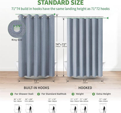 Extra Long No Hooks & No Liner Needed Fabric Shower Curtain,71x86,Blue Grey | Linen Texture,100% Waterproof TPU Laminated Layer,Bottom Magnets,Machine Washable,Hotel Style Bathroom Curtain For Shower,Tub
