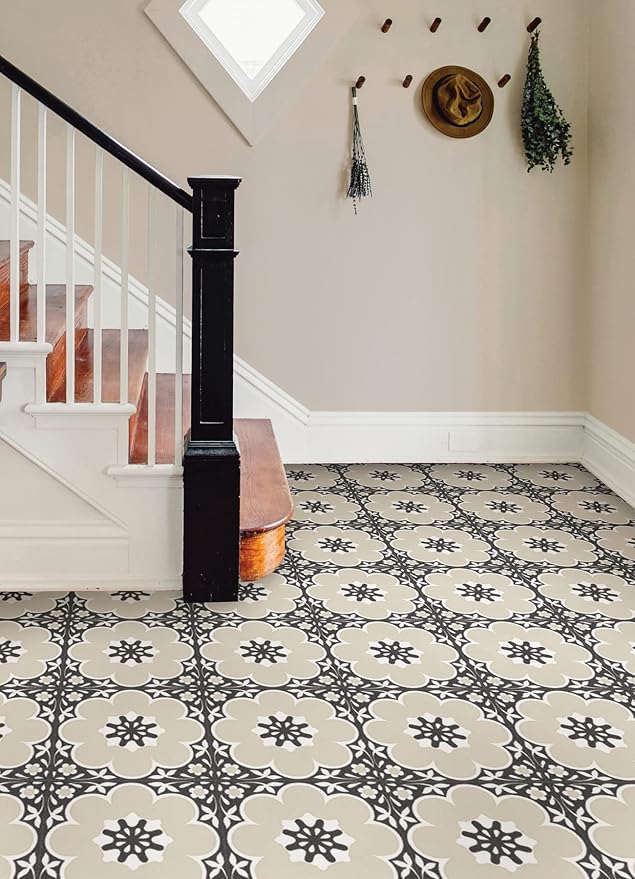 FloorPops 12-in by 12-in Black Daphne Vinyl Peel & Stick Floor Tiles (10 Tiles), (10 sq.ft./Carton) (Pack of 6)