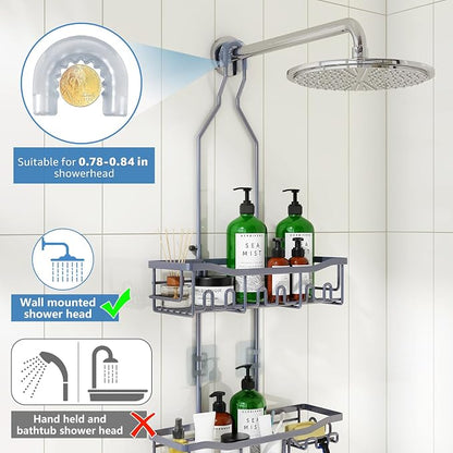 Upgraded Extended Length Shower Caddy Over Showerhead No Blocking to Showerhead, Rustproof Bathroom Organizers and Storage with Hooks Shampoo Soap Holder, Large Hanging Caddy, Grey