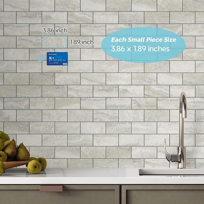 STICKGOO 20-Sheet Subway Tile Peel and Stick Backsplash - Beige Stone Texture With Grey Grout for Kitchen, Bathroom, RV, Fireplace - PVC Wall Tiles