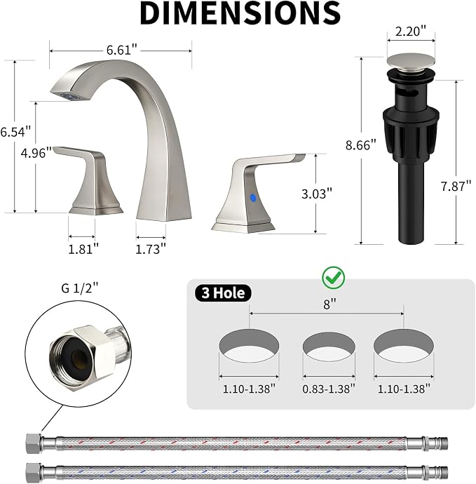 Bathroom Sink Faucet 8 inch, 3 Hole, NSF Certified, Brushed Nickel | Modern Bathroom Faucet for Bathroom Sink and RV with Pop-Up Drain and Water Supply Lines