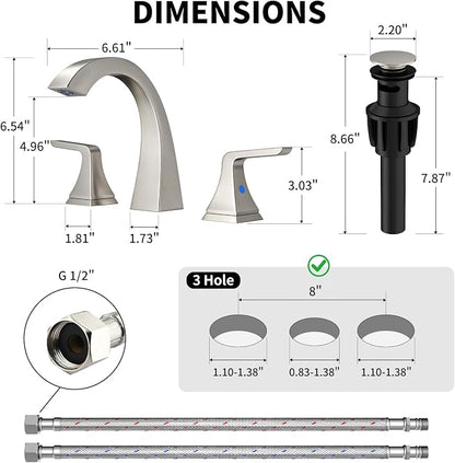 Bathroom Sink Faucet 8 inch, 3 Hole, NSF Certified, Brushed Nickel | Modern Bathroom Faucet for Bathroom Sink and RV with Pop-Up Drain and Water Supply Lines