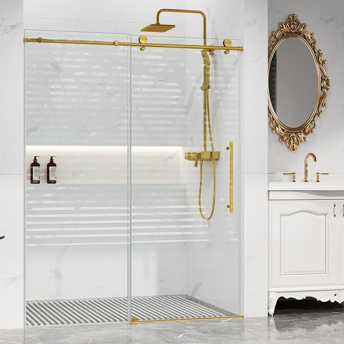 Shower Glass Door with Waterroof Seal Strip (56-60" W x 75 "H), Frameless Shower Sliding Door with Clear SGCC Tempered Glass 5/16" (8mm), Stainless Steel Hardware, Gold