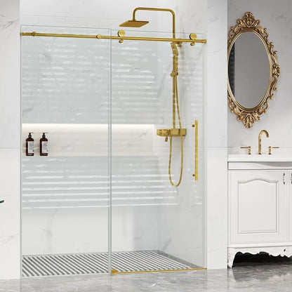 Shower Glass Door with Waterroof Seal Strip (56-60" W x 75 "H), Frameless Shower Sliding Door with Clear SGCC Tempered Glass 5/16" (8mm), Stainless Steel Hardware, Gold