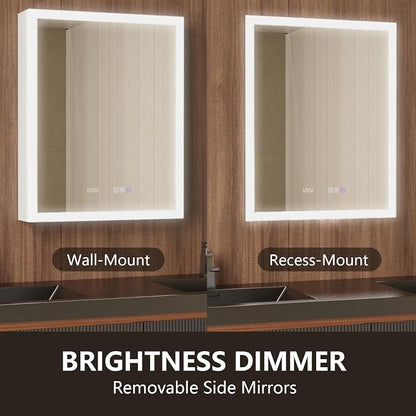24 in. W Smart Lighted Medicine Cabinet with Mirror for Bathroom, Recessed/Surface Mount Medicine Cabinet with Anti-Fog, 1800W Charging Station, USB Ports, 3 Color Lights, Left Open