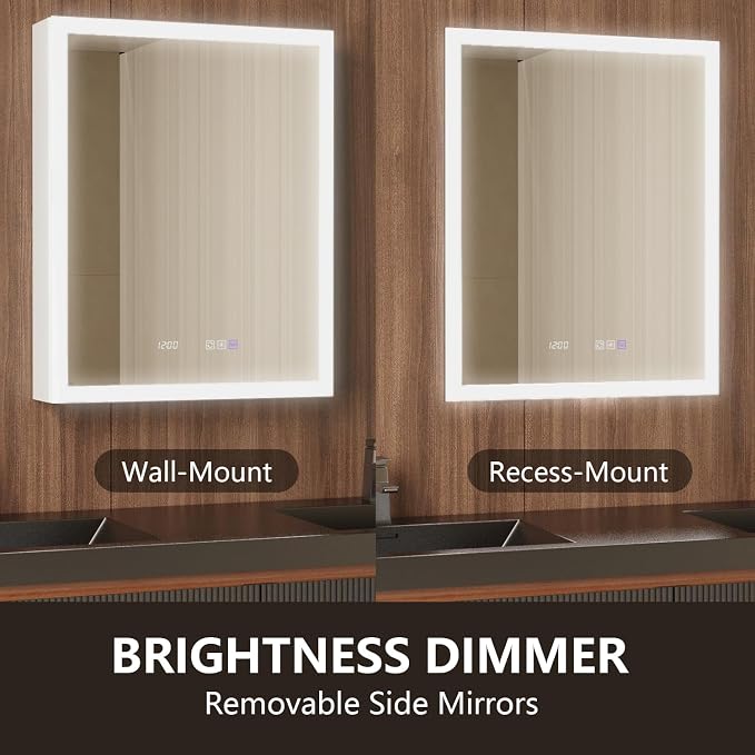 24 in. W Smart Lighted Medicine Cabinet with Mirror for Bathroom, Recessed/Surface Mount Medicine Cabinet with Anti-Fog, 1800W Charging Station, USB Ports, 3 Color Lights, Right Open