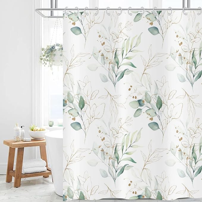 Eucalyptus Leaf Shower Curtains, Weighted Bottom Sage Green Watercolor Botanical Plants with Gold Branches Spring Fabric Bathroom Curtain Home Decor Waterproof Washable with 12 Hooks,65"x72"