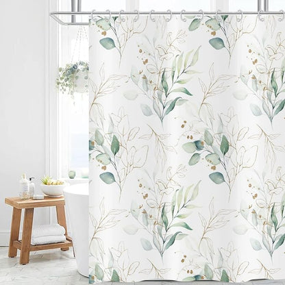 Eucalyptus Leaf Shower Curtains, Weighted Bottom Sage Green Watercolor Botanical Plants with Gold Branches Spring Fabric Bathroom Curtain Waterproof Washable 12 Hooks,72''x72'' (GCI-9915)