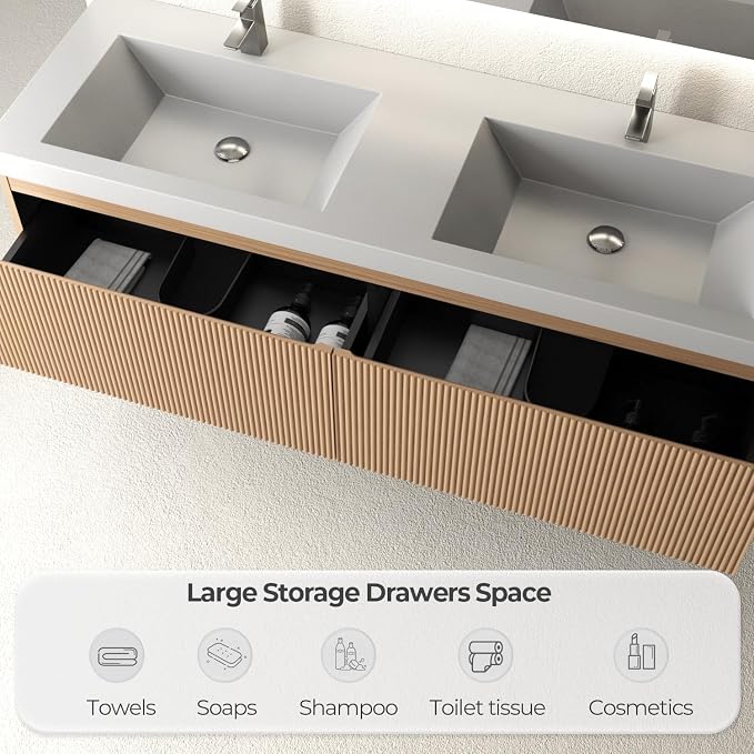 60 Inch Floating Bathroom Vanity with Double Sinks, Wall-Mounted Striped Storage Cabinet with Soft-Close Drawer, Glossy White Solid Surface Basin, Fully Assembled, Natural Oak Finish