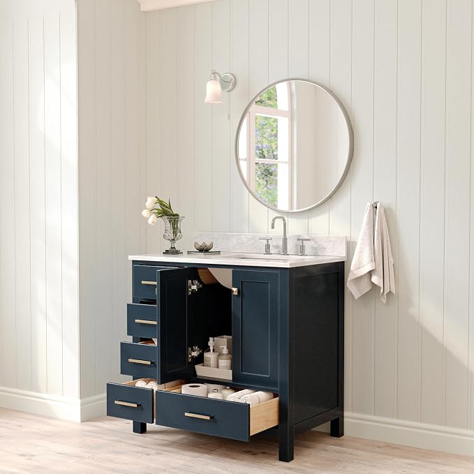 ARIEL Cambridge 36-inch Bathroom Vanity with Sink,Solid Wood, 0.75-inch Italian Carrara Marble Countertop, Single Rectangular Porcelain Sink, 2 Soft Closing Doors, 5 Dovetail Drawers, Midnight Blue