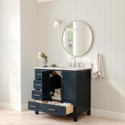 ARIEL Cambridge 36-inch Bathroom Vanity with Sink,Solid Wood, 0.75-inch Italian Carrara Marble Countertop, Single Rectangular Porcelain Sink, 2 Soft Closing Doors, 5 Dovetail Drawers, Midnight Blue