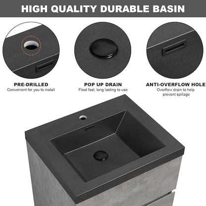 Wall Mounted 24 Inch Bathroom Vanity with Sink, Floating Vanity Bathroom, Single Sink Bathroom Vanity, 2 Drawers, Resin Integrated Sink (Dark Birch)