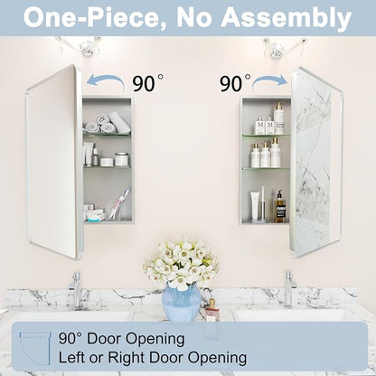 20x28 in Bathroom Medicine Cabinet with Mirror, Matte Silver | Fully Assembled; Recessed or Surface Wall Mount; Metal Cabinet with Tempered Glass Mirror and Two Adjustable Glass Shelves