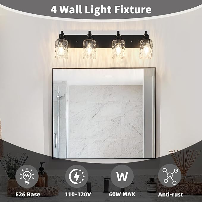 Bathroom Light Fixtures Over Mirror, 4 Lights Vanity Lights with Hammered Glass Shade, 30.8" Matte Black Farmhouse Bathroom Light Fixtures for Bedroom, Porch, Hotel, Mirror Cabinet