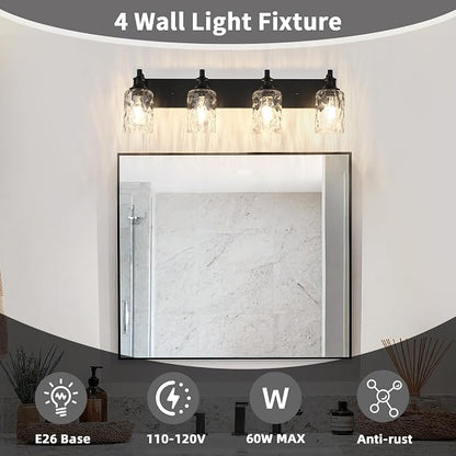 Bathroom Light Fixtures Over Mirror, 4 Lights Vanity Lights with Hammered Glass Shade, 30.8" Matte Black Farmhouse Bathroom Light Fixtures for Bedroom, Porch, Hotel, Mirror Cabinet