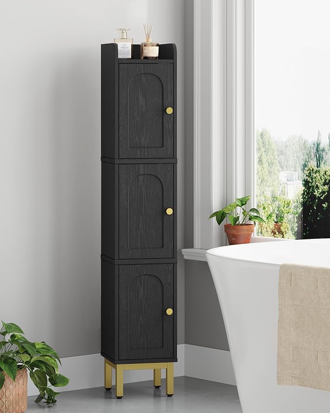 Hzuaneri Slim Bathroom Storage Cabinet, Narrow Bathroom Organizers,3 Doors | Narrow Storage Cabinet with 4 Adjustable Feet, Laundry Room Organization for Small Space, Kitchen,Living Room,Black