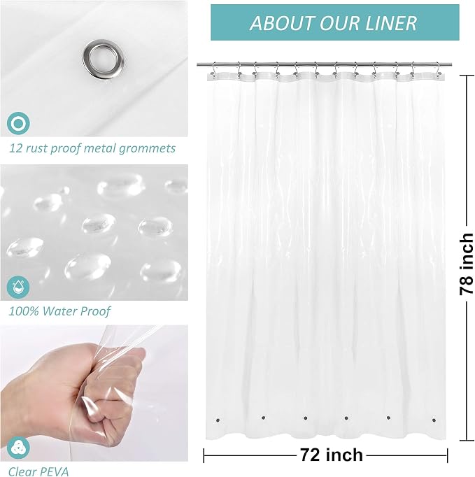 Mrs Awesome Long Shower Curtain Liner with 6 Magnets 72 x 78 inch, Clear | PEVA 8G Thick & Heavy Duty,12 Rustproof Grommets,Water Proof Plastic Shower Curtain for Bathroom 72x78 for Bathroom Long Size