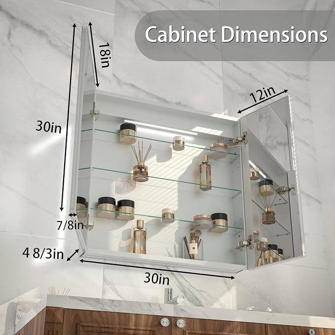 LED Bathroom Medicine Cabinet with Mirror, 30"x30" Anti-Fog Smart Mirror Cabinet, UPVC Waterproof Vanity Cabinet Recessed/Surface, Adjustable Shelves, 3-Color Dimmable, Motion Sensor, DTC Hinges