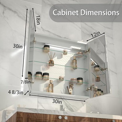 LED Bathroom Medicine Cabinet with Mirror, 30"x30" Anti-Fog Smart Mirror Cabinet, UPVC Waterproof Vanity Cabinet Recessed/Surface, Adjustable Shelves, 3-Color Dimmable, Motion Sensor, DTC Hinges