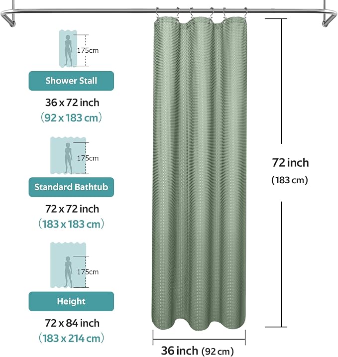 3 in 1 Shower Curtain Set, Waffle Shower Curtain and Liner Set with 6 Double Sided Shower Curtain Hooks, 258GSM Luxury Weighted Cloth Shower Curtain for Shower Stall, 36 W x 72 H, Sage Green