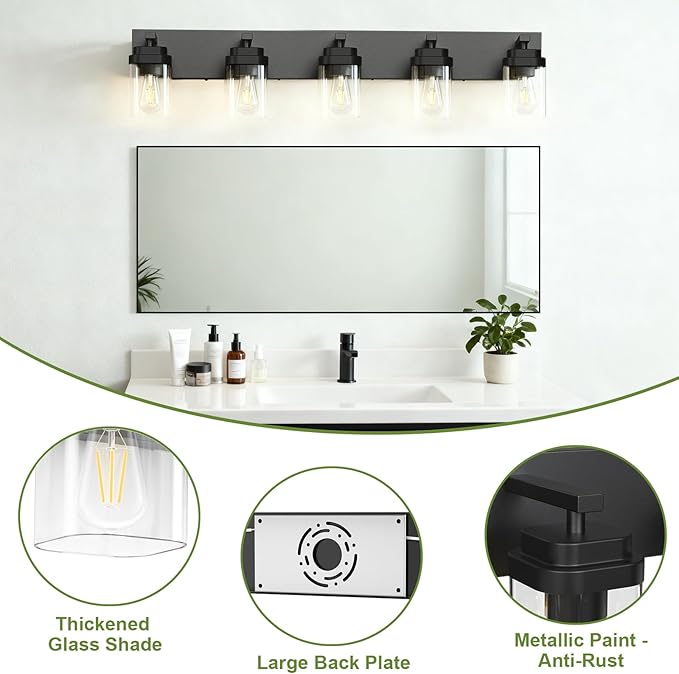 Black Bathroom Light Fixtures, 5 Lights Bathroom Lighting Fixtures Over Mirror, Square Design & Rectangle Large Backplate, Modern Vanity Lighting Fixtures, for Bathroom/Living Room/Bedroom