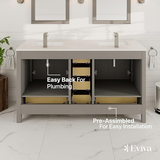 Eviva London 60 in. Gray Double Sink Bath Vanity with Carrara Quartz Top and Undermount Porcelain Sinks