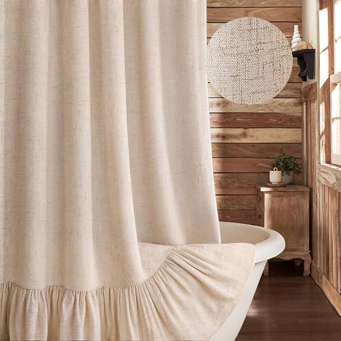 Farmhouse Shower Curtain Ruffle Linen Beige 72" W x 75" L | Linen Fabric, Farmhouse Boho, Bottom Ruffle, Rustic, Country, Natural Look, Washable, Shower Curtain for Bathroom Bathtub