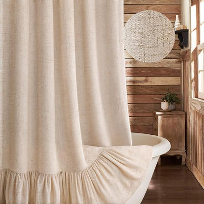 Farmhouse Shower Curtain Ruffle Linen Beige 72" W x 80" L | Linen Fabric, Farmhouse Boho, Bottom Ruffle, Rustic, Country, Natural Look, Washable, Shower Curtain for Bathroom Bathtub