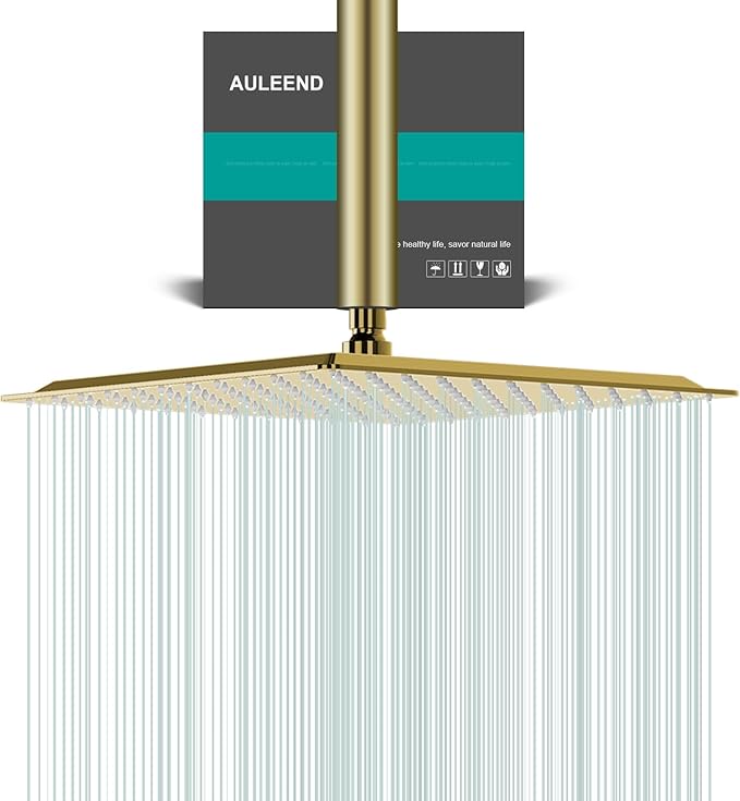 Square Rain Shower Head, High Flow Stainless Steel,Work with any decorative style，All Metal Rainfall Shower Head (Brushed Gold, 12)
