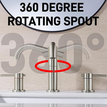 8" Widespread Brushed Nickel Bathroom Faucet | 2-Handle 3-Hole Brass Sink Faucet with 360° Swivel Spout, Metal Drain & DOE 2.2GPM (cUPC Waterline)